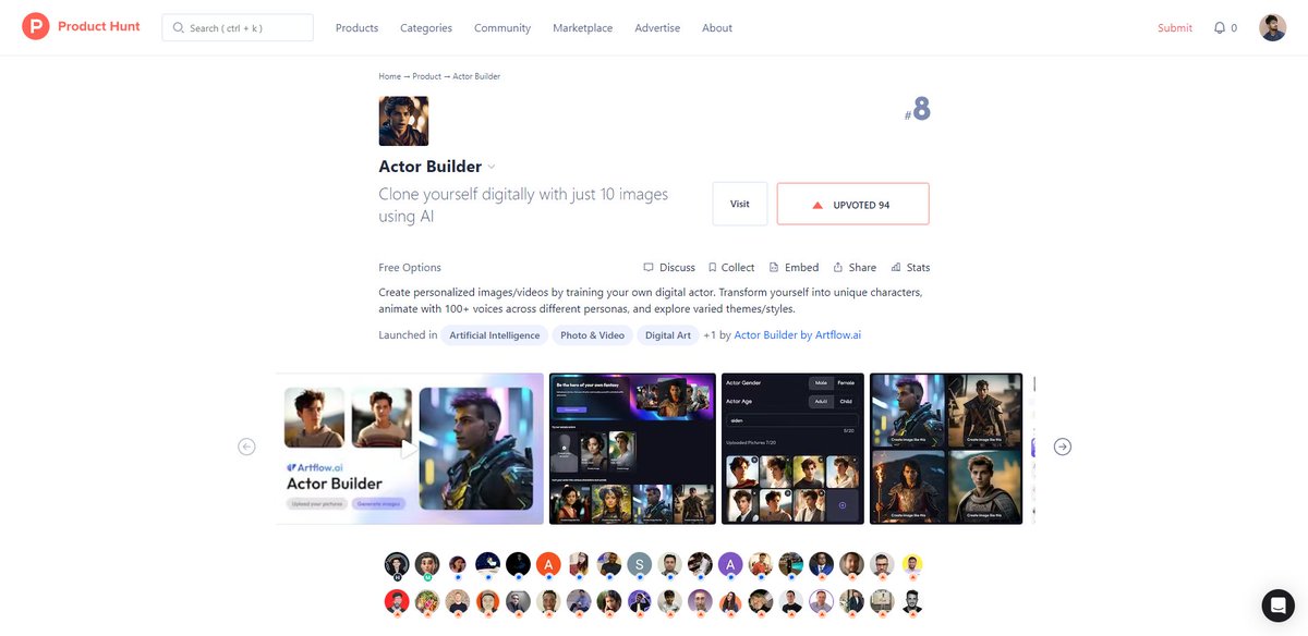 ninja_writer21's tweet image. Extremely happy to see #Artflow ranking #8 on Product Hunt!

If you haven&apos;t already, do support/upvote us here: producthunt.com/posts/actor-bu…

Hope to be in the top 5 soon!

#ProductHunt #AI #AItools #AICharacter #buildinpublic #ProductHuntLaunch