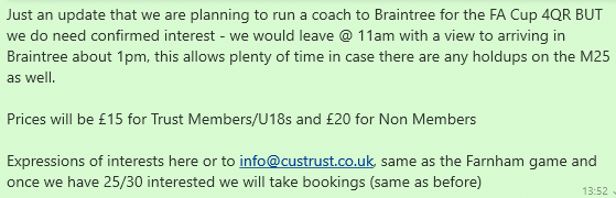 <a href="/CheshamUtdTrust/">Chesham United Supporters Trust</a> supporters coach info for the FA Cup trip to Braintree 

Calling all <a href="/cheshamutdfc/">Chesham United FC</a> <a href="/cheshamutdlfc/">Chesham United FC Women</a> <a href="/CheshamUTD_YTH/">Chesham United Yth</a> fans, let's get as many there as possible

Register interest with info@custrust.co.uk OR let me know