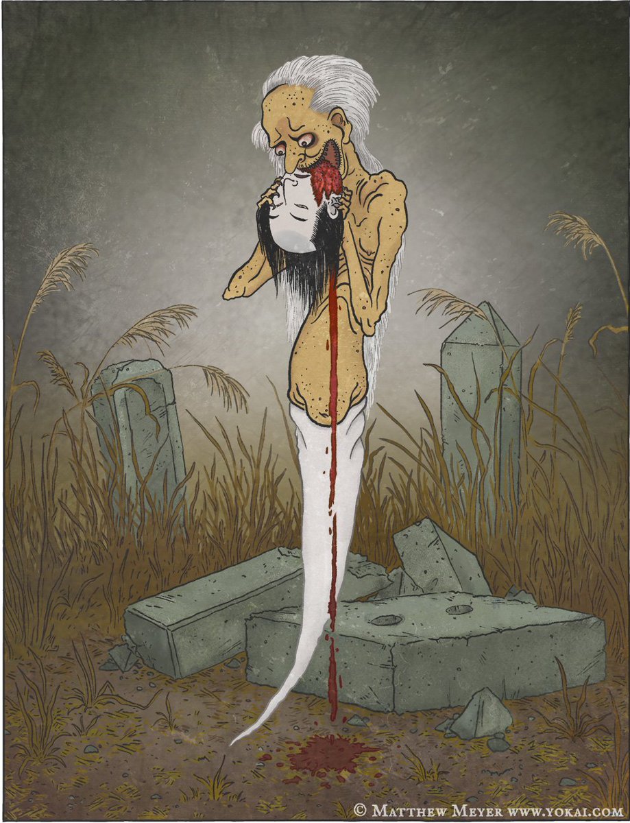curiousordinary's tweet image. In #JapaneseFolklore kubikajiri is a #yokai that eats the heads of its victims, living or dead. It waits in graveyards for the freshly buried dead, which it then digs up to feast on. Kubikajiri smells of blood and in some accounts it&apos;s also...
#FairyTaleTuesday #ayokaiaday
1/2