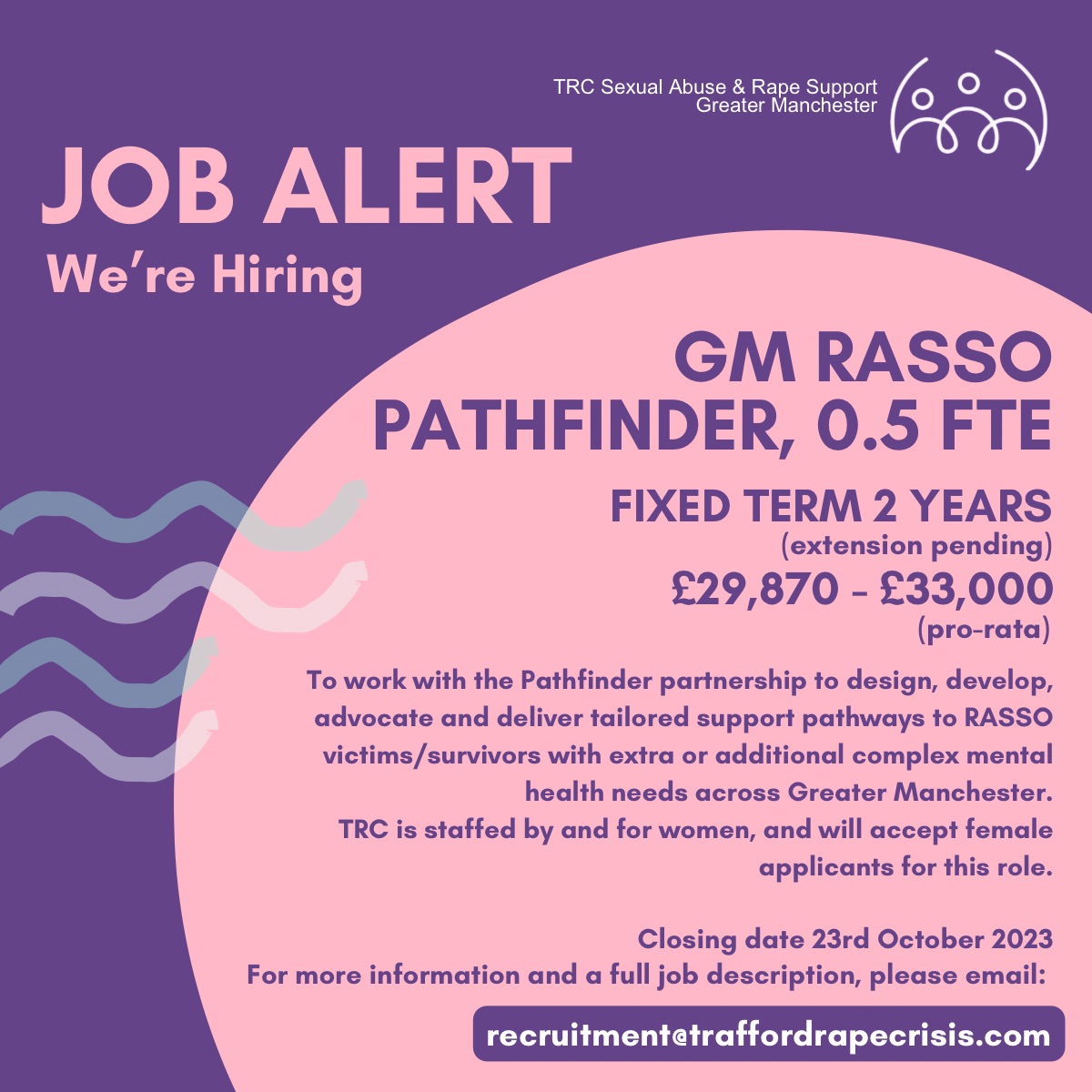We have a new job opportunity for someone able to offer support to those with complex mental health needs.

For more information and a full job description please email recruitment@traffordrapecrisis.com

Closes 23rd October 2023

#charityjobs #greatermanchesterjobs #feministjobs