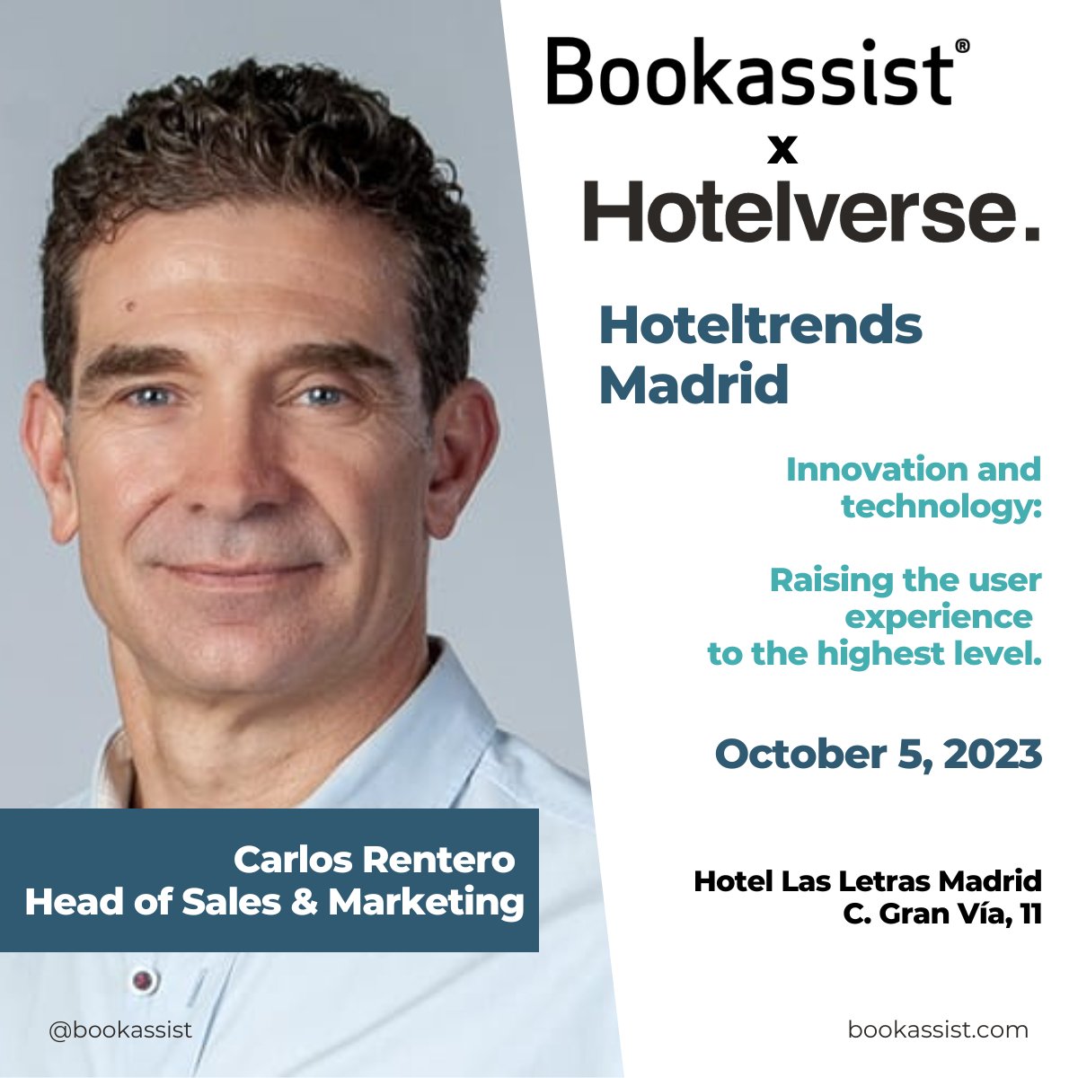 🗓️ Upcoming event! Find our Head of Sales and Marketing, Carlos Rentero, at the Hoteltrends Madrid event, organized by Hotelverse, this Thursday in Madrid. All agenda information is available here: hubs.li/Q0246_Kt0 #BookassistEvent