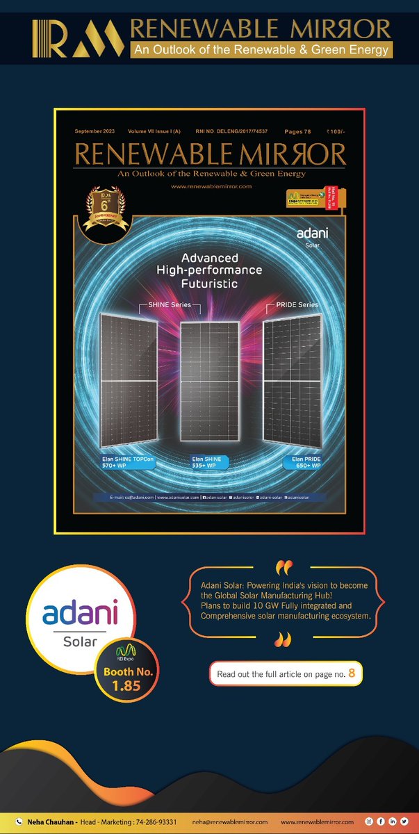 The Golden Anniversary Edition of Renewable Mirror is out now...
renewablemirror.com/Magazine/view_…
.
.
Visit us at the stall no. (1.85)

.
.

#REI2023  #adanisolar #SolarEnergy #RenewableEnergyIndia #REIExpo #Sustainability #renewablemirror #renewablemirrormagazine #tresubmedia