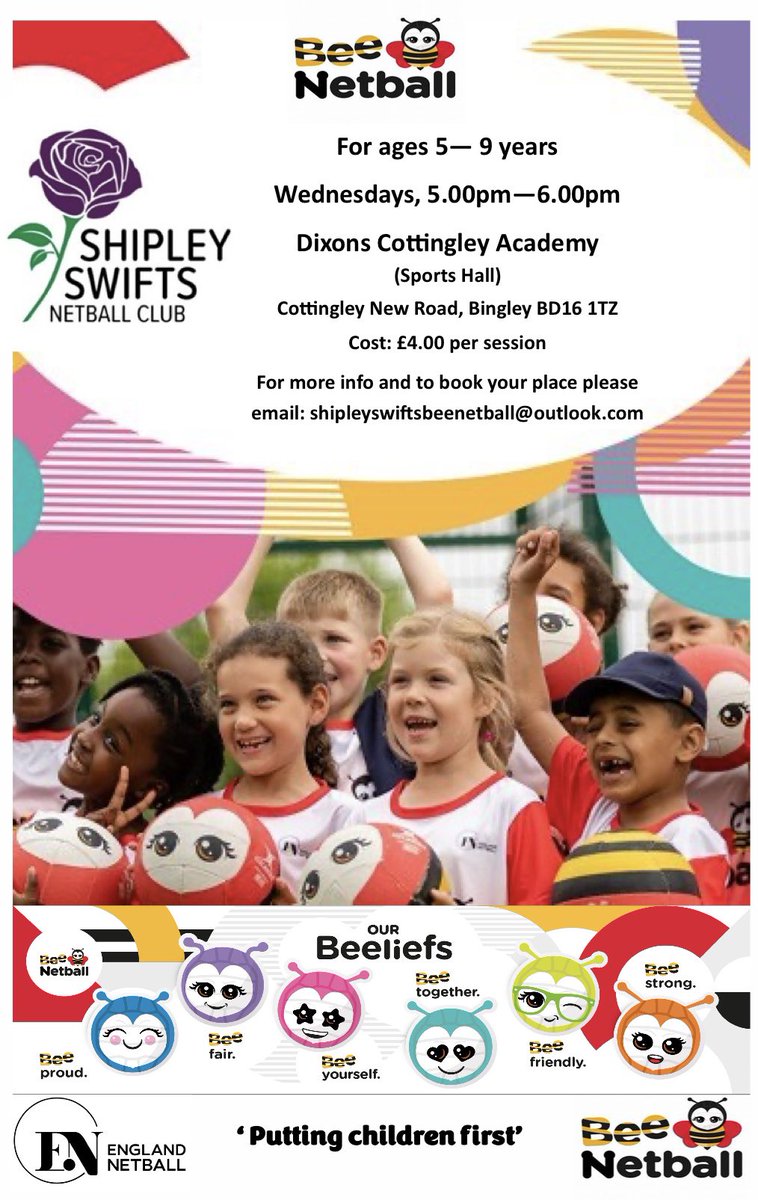 Shipley Swifts and Bee 🐝 netball - come and join us at our new venue 😀
Dixons Cottingley Academy - Wednesday 5-6pm - have fun, make friends and learn new skills 👍
#netball #startyoung
<a href="/AireValleySGO/">Aire Valley School Games</a> <a href="/CrossflattsPri/">Crossflatts Primary</a> <a href="/MyrtlePrimary/">Myrtle Park Primary</a> <a href="/CottingleyPA/">Lift Cottingley</a>  <a href="/EldwickPrimary/">Eldwick Primary School</a> <a href="/TrinityBingley/">Trinity All Saints CE Primary School - Bingley</a>