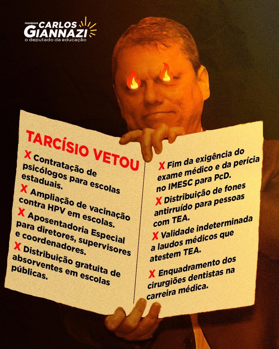carlosgiannazi's tweet photo. Tarcísio transformou o estado de São Paulo em um balcão de negócios. Basta! #DerrubaVeto
Desde o início do ano, o governador vetou uma série de leis importantíssimas e que afetam diretamente a população. Os vetos são absurdos e sem nenhuma justificativa plausível. https://t.co/oOihW3FkCp