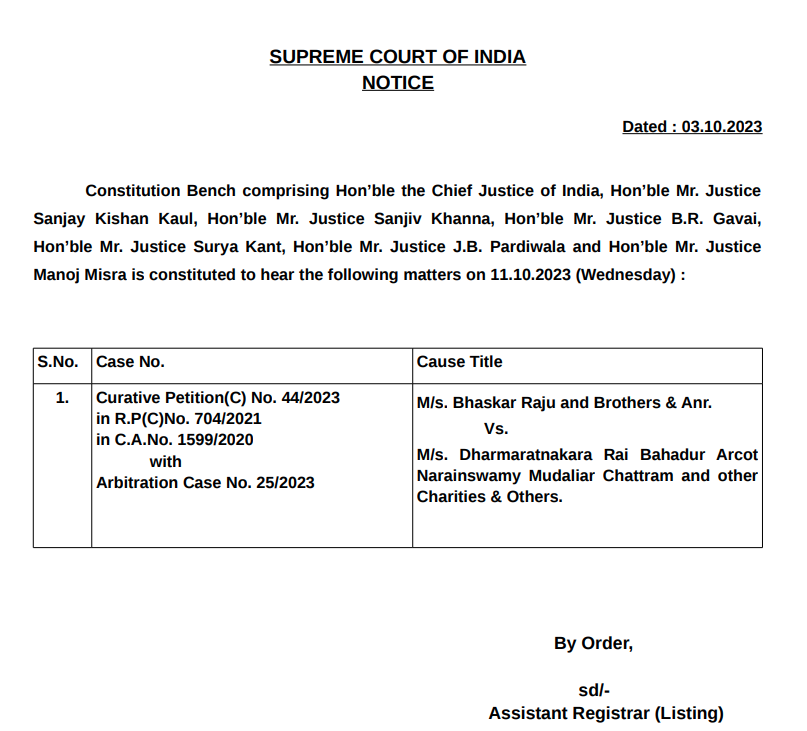 CiteCase's tweet photo. Seven judges bench who will decide the issue of enforceability of Arbitration clause in an unstamped Agreeement constituted.

A bench of CJI DY Chandrachud, Justices Sanjay Kishan Kaul, Sanjiv Khanna, B.R. Gavai,  Surya Kant, J.B. Pardiwala and Manoj Misra, will begin hearing on 11 October 2023.

This means we can expect a decision on this reference before coming Christmas vacations (as Justice Kaul is retiring on 25th December this year).