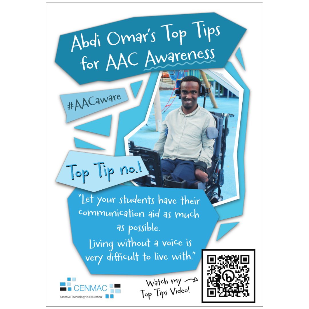 CENMAC's tweet photo. It's #AACAwarenessMonth and Abdi Omar is sharing his Top Ten Tips for AAC Awareness. Check out his new video and download his Top Tips posters for the classroom: https://t.co/5LX8vHz85Q
@AbdiEnterprises #AACaware23 #AACaware #SENCOchat #speechandlanguage https://t.co/Zr55Fw6hQh