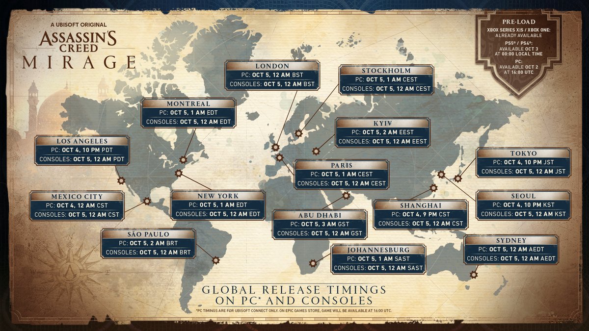 Discover the official release timing of Mirage on XBOX, PlayStation and PC in your region 🕐

#AssassinsCreed