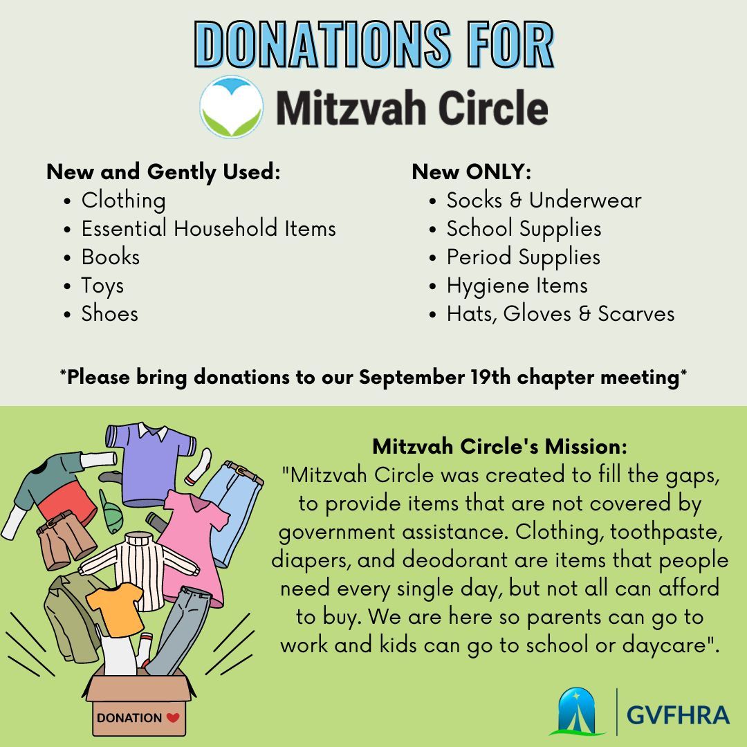 Please join us next Friday, October 13th for GVFHRA's day of service in support of Mitzvah Circle! Volunteers will help sort and pack items for local families in need and are encouraged to bring donations. Learn more about the event here⬇

Register here: buff.ly/468SJ6S