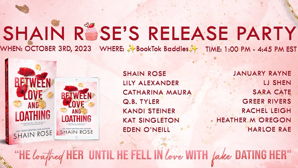 I'll be celebrating Shain Rose's new release, Between Love and Loathing, in BookTok Baddies this afternoon!

Come join us for fun, prizes and all the book recs! 🤩

Where - BookTok Baddies: facebook.com/groups/9322805…

When: TODAY!

Time: 1:00 PM - 4:45 PM