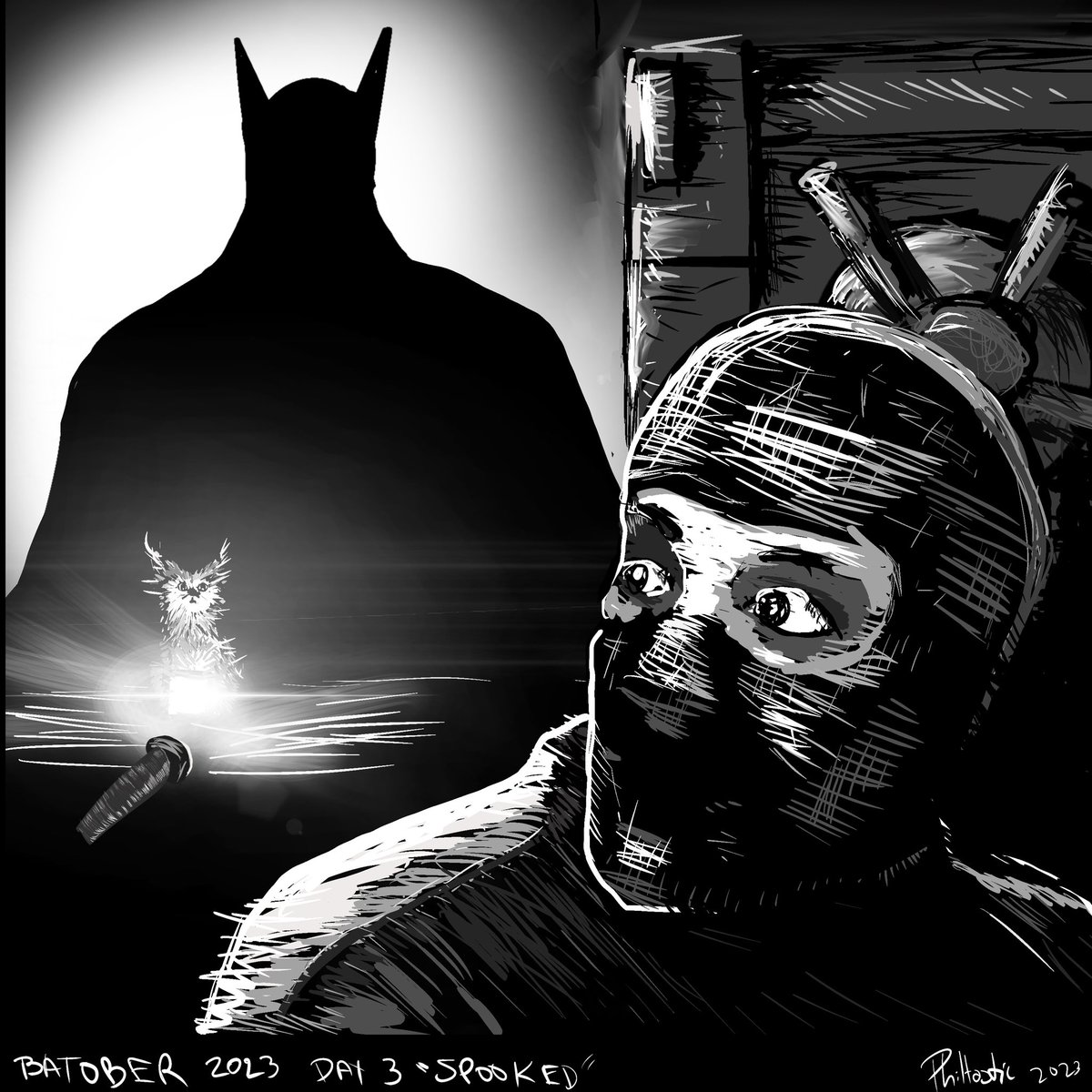 philtasticcomi1's tweet image. #batober2023 day 3 #spooked #batman #batober #bank #cat #shadows #shadowpuppets #trick #trickoflight #fear #dc #dccomics #comicbooks #comics #art #artwork #blackandwhite #blackandwhiteart #fanart