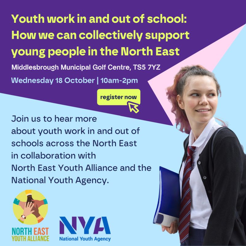 CONFERENCE - Youth Work In and Out of School
Wed 18th October, 10.00am-2.00pm
Middlesbrough Municipal Golf Centre
Join the NEYA and <a href="/natyouthagency/">NYA</a> to talk about this important topic
Lunch provided
Book eventbrite.co.uk/e/703311261917
#youthstartshere #youthwork #school #education