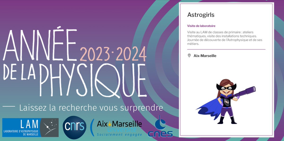Pour 2023 le projet #Astrogirls du @LAM_Marseille est heureux de faire partie de l'#AnneePhysique! Nous accueillerons 2 classes (CE1-CE2) des écoles du quartier de La Rose au sein du LAM 🤗 @CNRS_dr12 @CEAstrophysique @education_gouv @SFP_officiel @FranceUniv @SF2A_astro @CNES