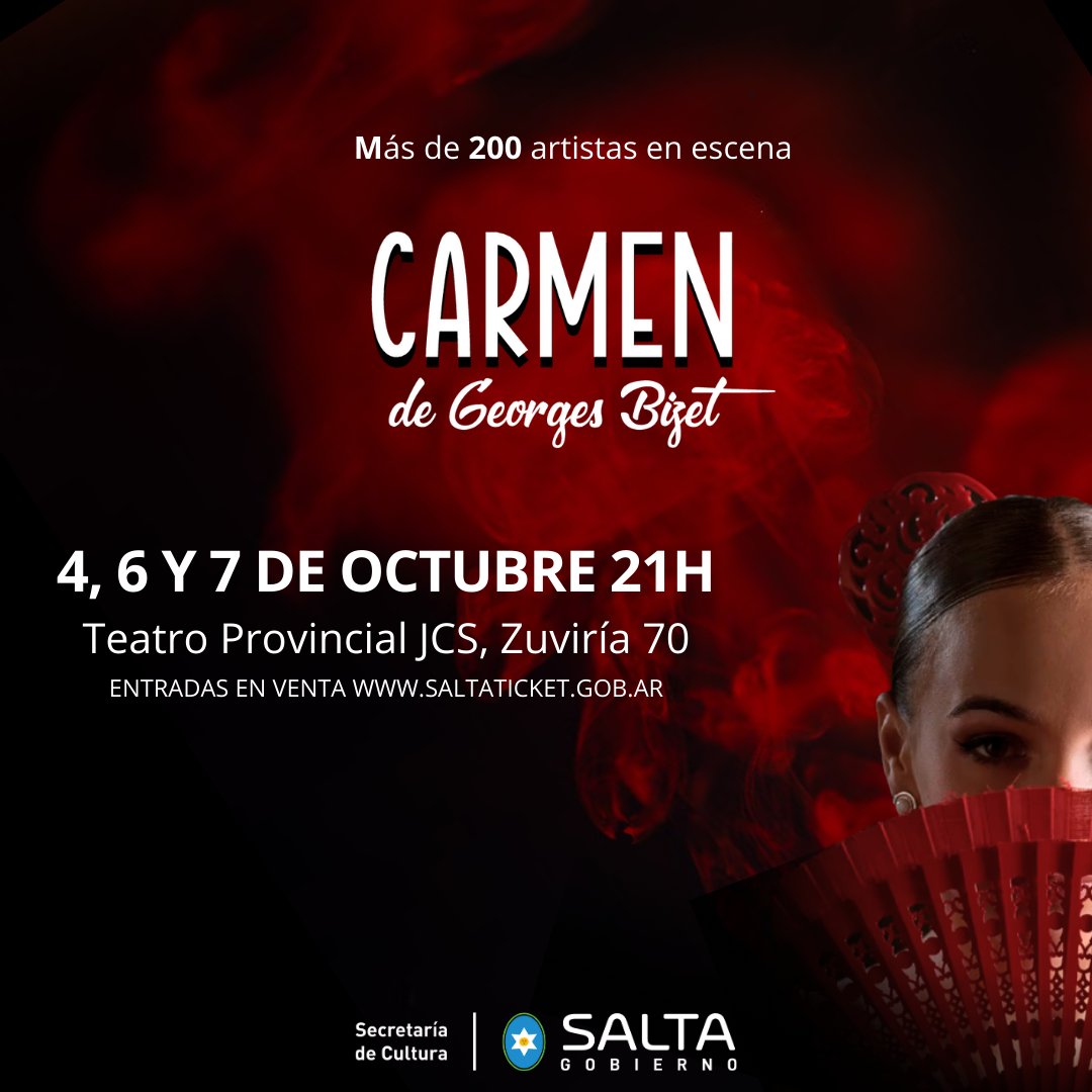 ¡¡¡Carmen está en Salta!!! Se presentará el próximo miércoles, viernes y sábado en el Teatro Provincial J.C.S. info en www.OrquestaSinfonicaDeSalta. Entradas por saltaticket.gob.ar o por boletería del Teatro Provincial J.C.S. 🌹