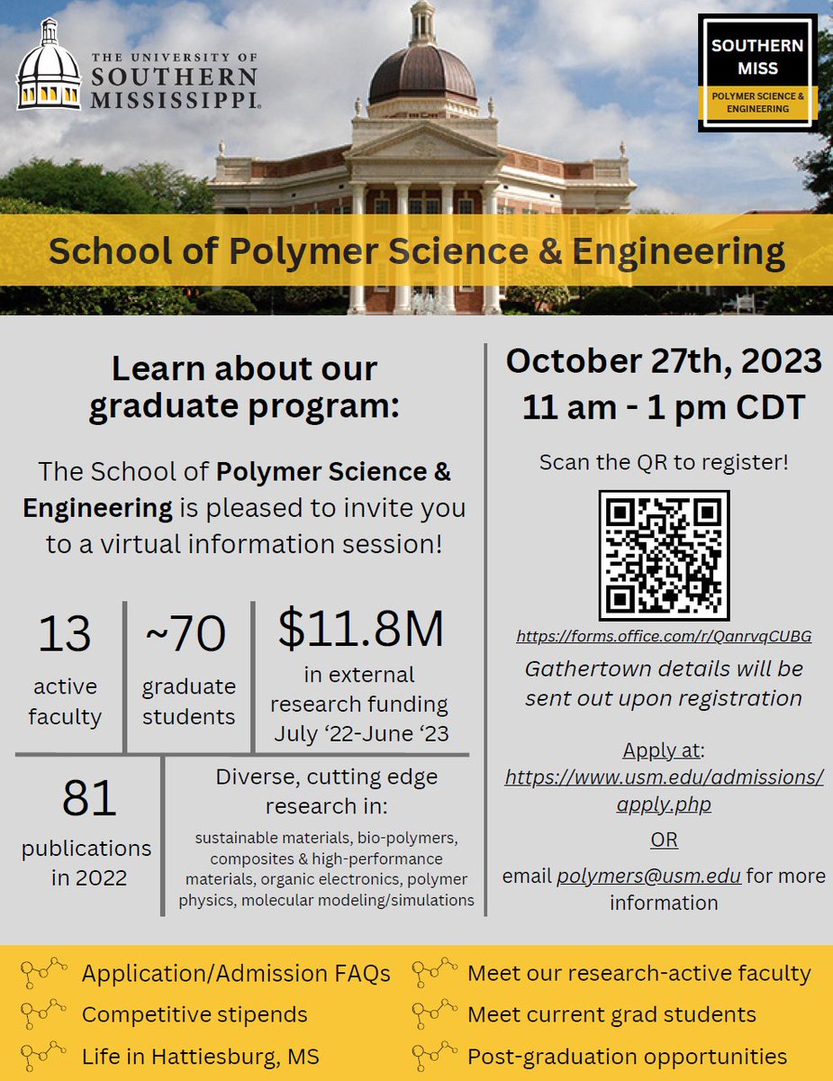 Interested in a PhD in Polymer Science & Engineering? Join us on 10.27.23, for a virtual info session hosted by the School of Polymer Science and Engineering. Register at forms.office.com/r/QanrvqCUBG and take the first step towards your polymer science journey! #PolymerScience