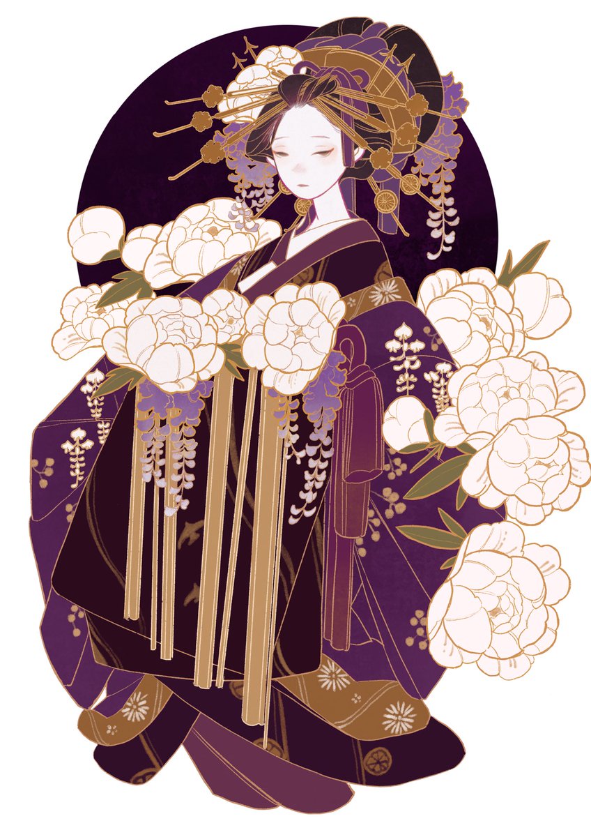 1girl solo flower japanese clothes kimono closed eyes hair ornament  illustration images