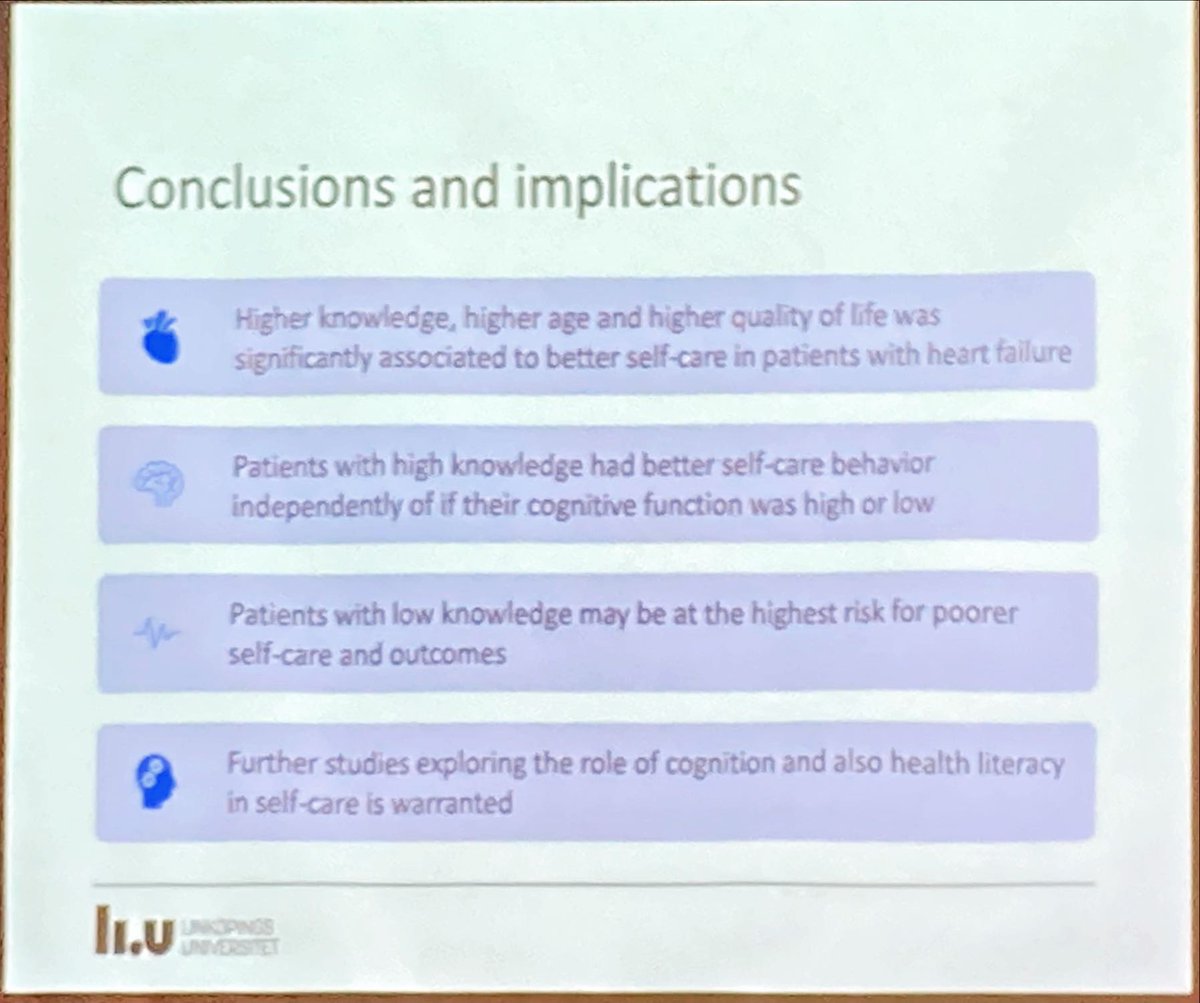 Leonie Klompstra (@leonieklompstra) on Twitter photo <a href="/prof_stromberg/">Anna Strömberg, RN, PhD, FESC, FAHA, FAAN</a> presenting the relation between #selfcare #knowledge and #cognition #NCNR2023
❤️ higher knowledge, age and #QoL were associated to better self-care
🧡patients with high level of knowledge had better self-care independed of cognition
<a href="/DrJaarsma/">Tiny Jaarsma</a> <a href="/prof_stromberg/">Anna Strömberg, RN, PhD, FESC, FAHA, FAAN</a> presenting the relation between #selfcare #knowledge and #cognition #NCNR2023
❤️ higher knowledge, age and #QoL were associated to better self-care
🧡patients with high level of knowledge had better self-care independed of cognition
<a href="/DrJaarsma/">Tiny Jaarsma</a>