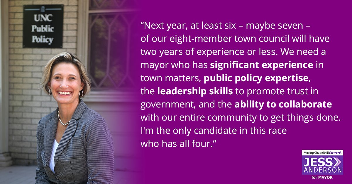 @chapelhillgov has never had a mayor who is trained in #policyanalysis. As we implement Complete Community, having one has never been more important. Read my #blog about how I'll be a new kind of mayor for #chapelhill: jessformayor.org/blog/a-new-kin…