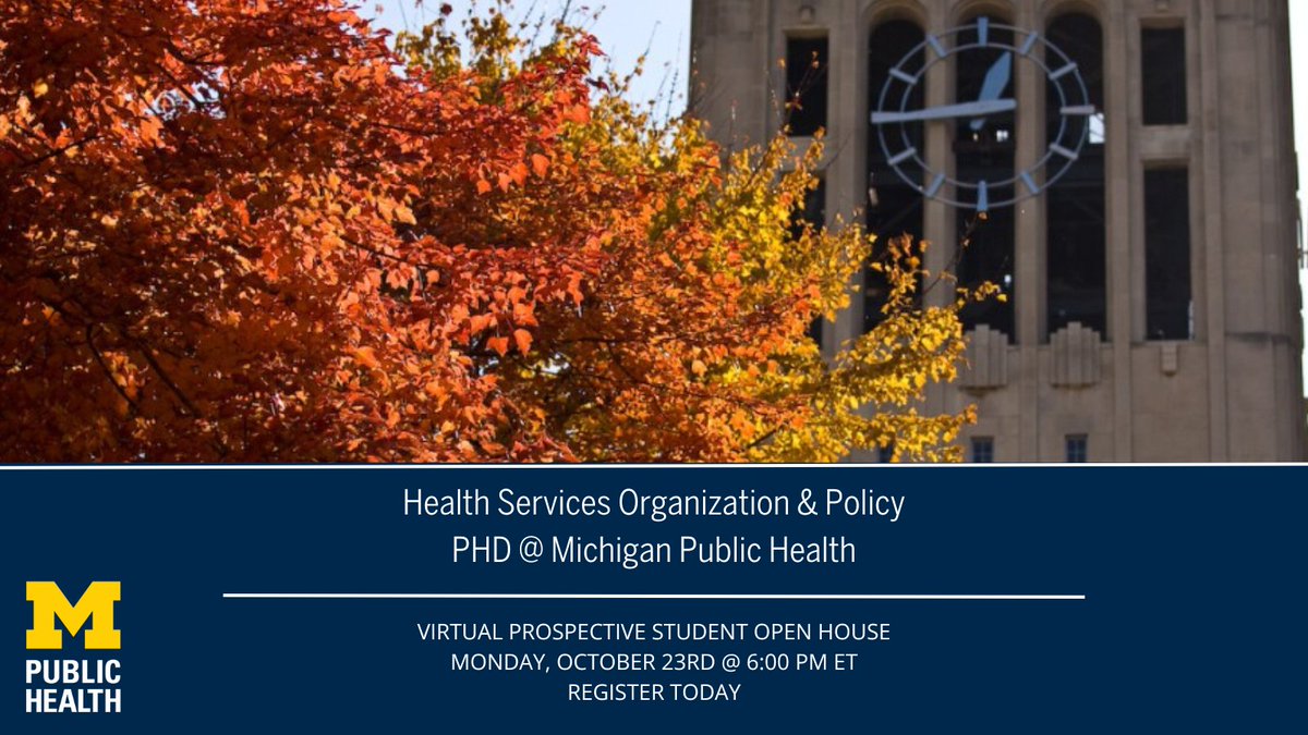 Are you considering getting a PhD in HSR?  The Health Services Organization and Policy PhD program at Michigan Public Health is hosting a virtual prospective student open house on Monday, October 23rd from 6:00-7:00 PM ET via Zoom. Register today: umich.zoom.us/meeting/regist…