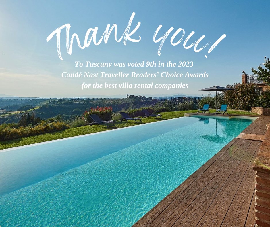 Exciting News! 🌟 To Tuscany has once again made it to the top 10 in the <a href="/cntraveller/">Condé Nast Traveller</a> Readers' Choice Awards for 'best villa rental companies in the world'. A heartfelt thank you to all our supporters for voting and sharing their love for Tuscany!