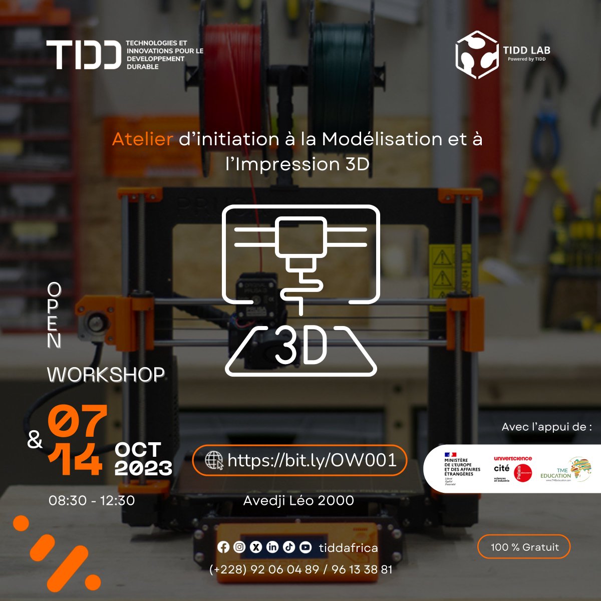 tiddafrica's tweet photo. 📢Rejoignez nous dans notre #FabLab TIDD LAB sur l'atelier #OpenWorkshop d'initiation à la Modélisation et l'Impression 3D en vous inscrivant sur le lien : https://t.co/ms2oy3LHNf
#3D #Innovation #PourLeTogo #TIDDLAB https://t.co/rpQoleljuh