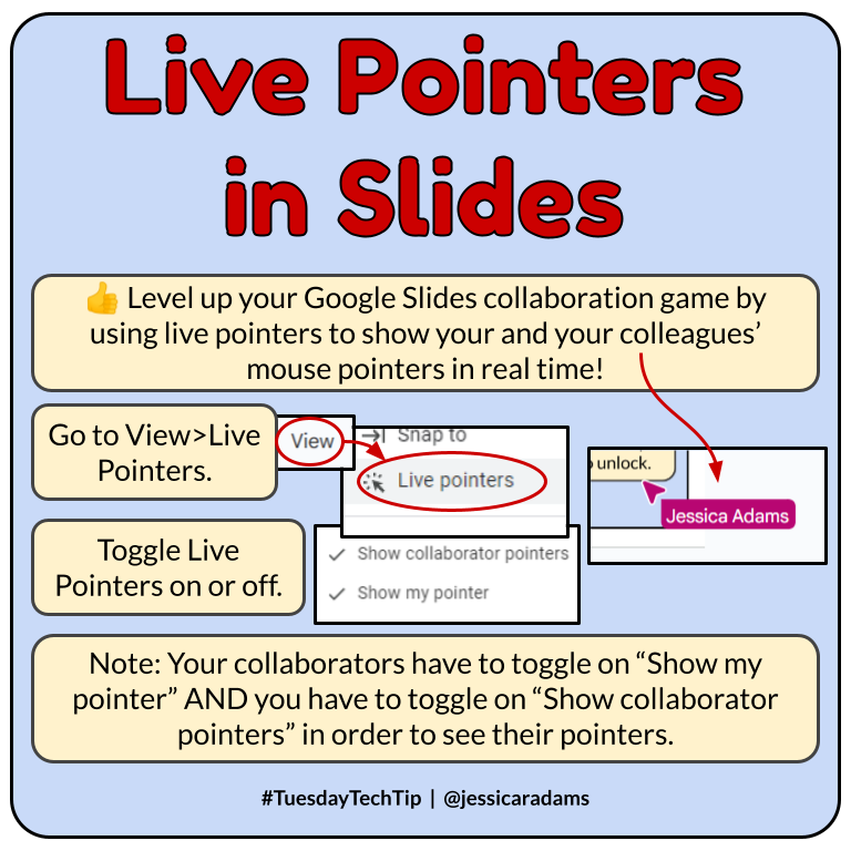 👍 It's time for a #TuesdayTechTip! Use Live Pointers in #GoogleSlides make your mouse pointer visible to others. @GoogleForEdu #GoogleET