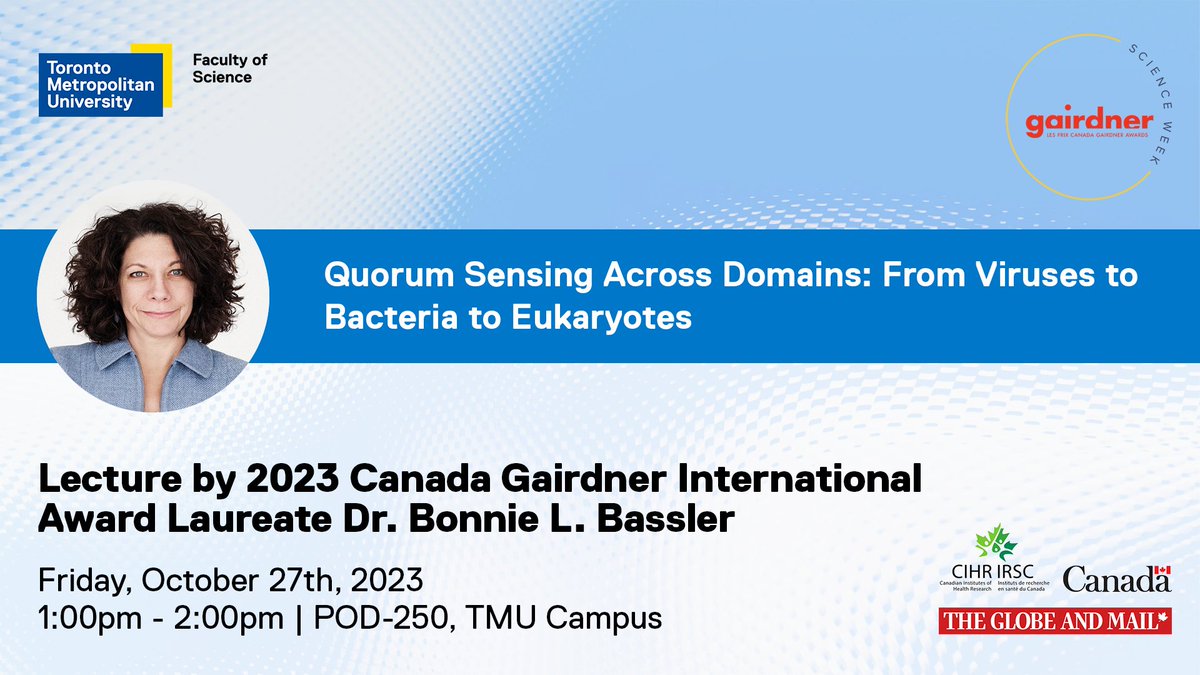 We are excited to host @GairdnerAwards Laureate Dr. Bonnie L. Bassler for an insightful lecture about her award-winning research. Join us on campus on Oct 27th from 1-2pm. Register today for free: bit.ly/3PiDh0N
