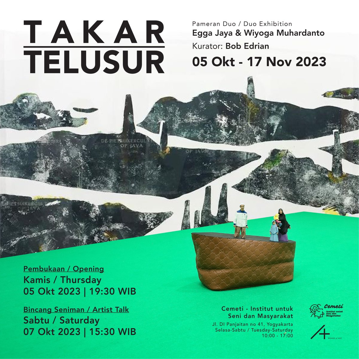 NEXT AGENDA! 😎

Pameran Duo seniman Egga Jaya [ <a href="/eggakamsui/">Egga Jaya Prasetya</a> ] &amp; Wiyoga Muhardanto [ <a href="/muhardantweet/">Wiyoga Muhardanto</a> ]

Dikuratori oleh Bob Edrian [ <a href="/bobedrian/">Bob Edrian</a> ]

Pembukaan
-> 5 Okt 2023 jam 19:30

Artist Talk
-> 7 Okt 2023 jam 15:30

Simpan tanggalnya biar ga lupa! 🙌

#pameranduo #takartelusur