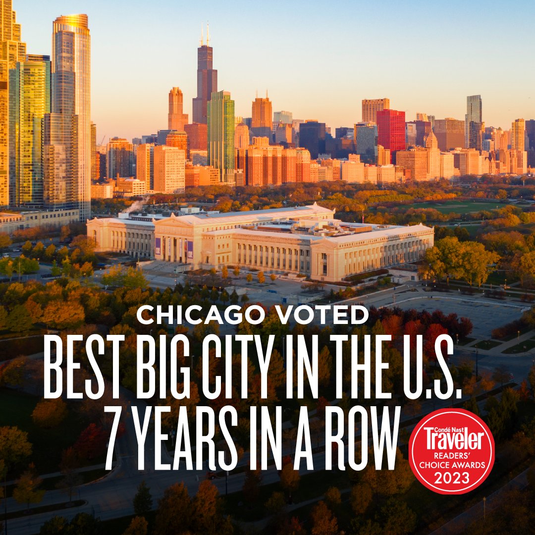 Chicago has been voted Best Big City in the U.S. by @cntraveler readers for a record-breaking 7 years in a row! 🏆

Over 520,000 travelers cast their votes and once again put Chicago on top. ✨Share the news with #ChicagoBestBigCityx7

🔗 Read: bit.ly/31gAJbh

#RCA2023