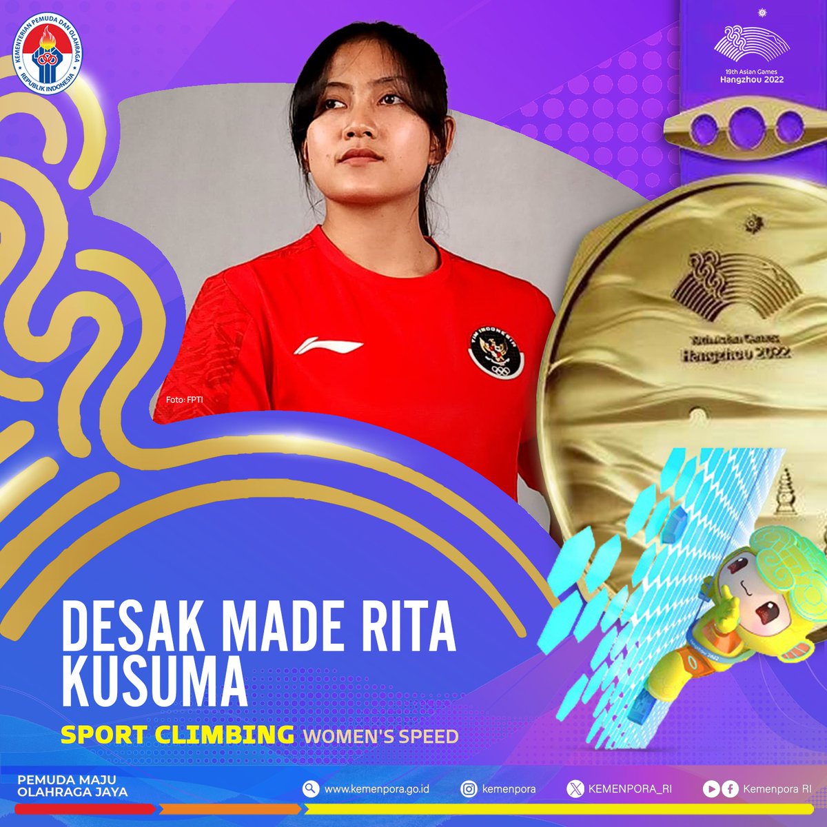 KEMENPORA_RI's tweet photo. MEDALI EMAS KE-6 UNTUK INDONESIA!!
 
Desak Made Rita Kusuma Dewi berhasil mempersembahkan medali emas bagi Indonesia, pada ajang Asian Games 2022 Hangzhou, cabor Sport Climbing di nomor Women's Speed dengan catatan waktu 6.364. https://t.co/sVi6eQCAe9