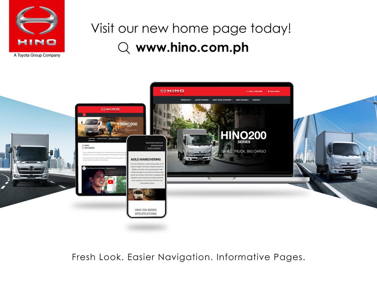 Today, we have exciting news for you 📣
We're thrilled to announce the fresh new look of the Hino Motors Philippines website! 🌐💥

Explore it all here at hino.com.ph and discover: 🚛 Latest Models 🤝Services &amp; 🗞️News &amp; Updates
Visit now and share your feedback! 💬👇