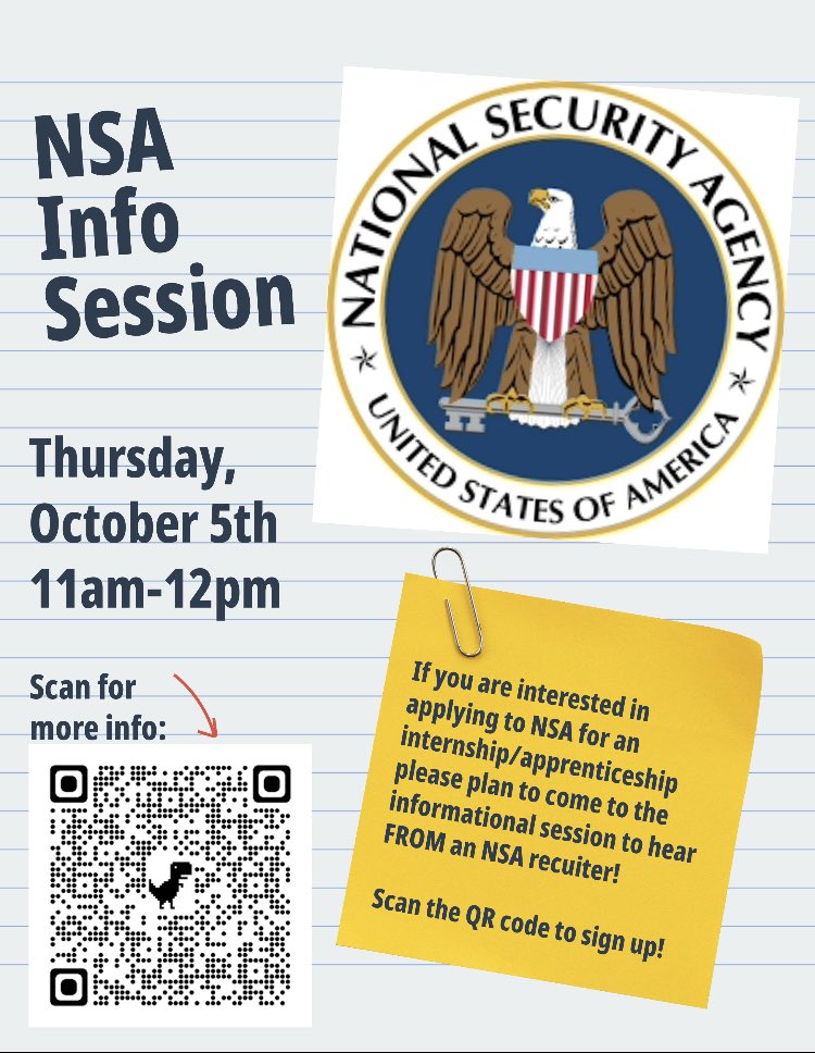 Scan the QR code to sign up for the NSA Internship Information Session this Thursday! Are you ready to open the door to opportunity? #PursuingExcellence #AACPSAwesome
