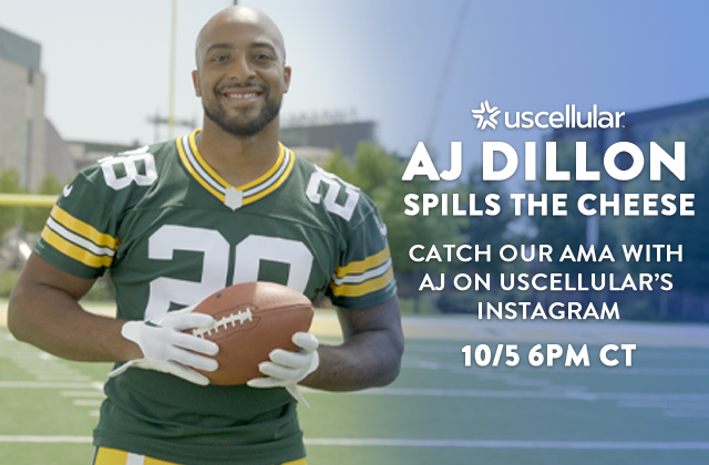 SocialStacey10's tweet photo. Catch UScellular’s AMA with AJ Dillon hosted by Alex Wehrley on UScellular’s Instagram. AJ and Alex go live THURSDAY 10/5 6PM CT. You won’t want to miss all this spilled cheese! #usccemp https://t.co/SUnTvXhK4i https://t.co/vdILhUOsZ4