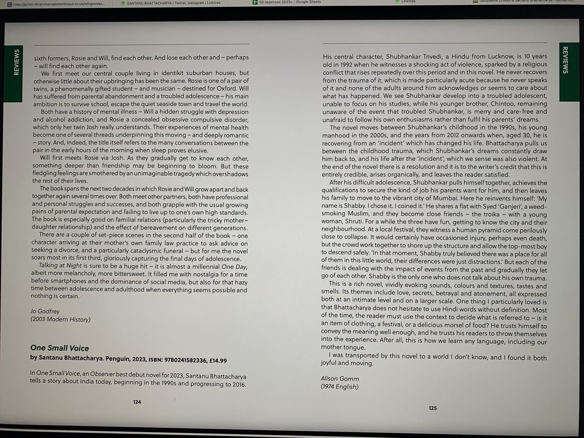 A pleasant surprise to see #OneSmallVoice reviewed in the @lmhoxford Brown Book. “This is a rich novel, vividly evoking sounds, colours and textures, tastes and smells, at an intimate level and on a larger scale… joyful and moving.” Thank you @AlisonGomm1!