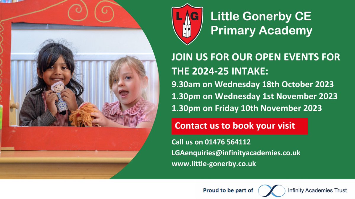 Is your child starting Reception in September 2024? If so, you are invited to one of our Open Events to see Little Gonerby in action! Please contact the office to book your visit! @InfinityAcad #eyfs #newstarters #reception2024