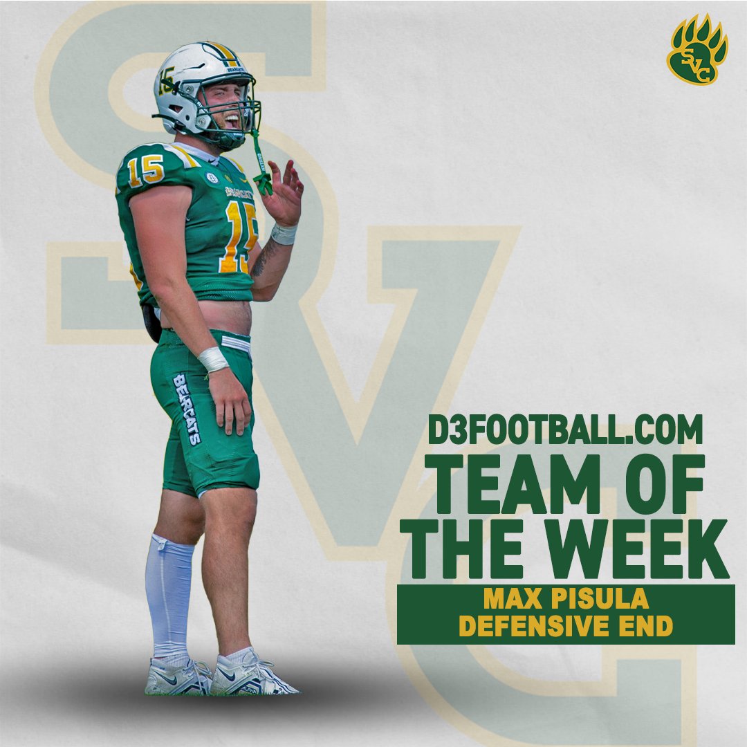 SVC senior defensive end Max Pisula has been named to the <a href="/d3football/">D3football.com</a> Team of the Week after recording 11 tackles, 4.0 TFLs, 2.0 sacks, 3 forced fumbles and 2 fumble recoveries in @SVC_Football's 28-19 comeback win at Geneva.

d3football.com/awards/tow/202…

#SVC #GoBearcats #d3fb
