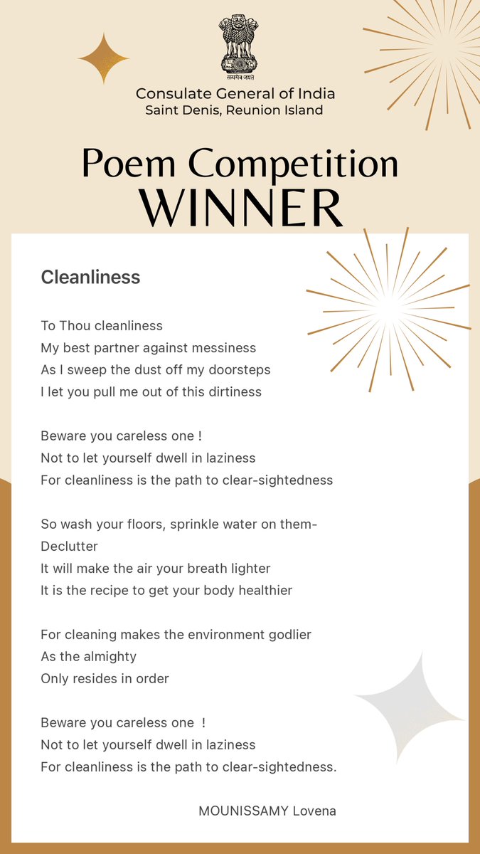 Celebrating poetry brilliance!!! The Online Poem Competition Winners are revealed. Congratulations to the wordsmiths. 🖊️Razick 🖊️Mounissamy Lovena @MEAIndia @PMOIndia #SHS2023 #SwachhataHiSeva #SwachhBharat