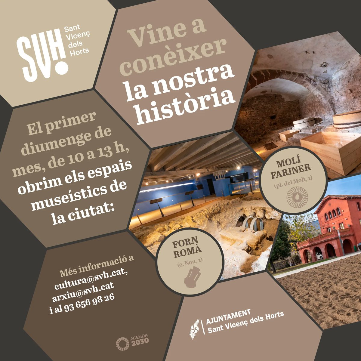 🏛️ Recordeu que el primer diumenge de mes, de 10 a 13 h, obrim els espais museístics de la ciutat:

🔹 Forn Romà
🔹 Molí dels Frares

🕙 De 10 a 13 h
ℹ️ Info:  93 656 98 26

Vine a conèixer la nostra història!

#SantVicençDelsHorts