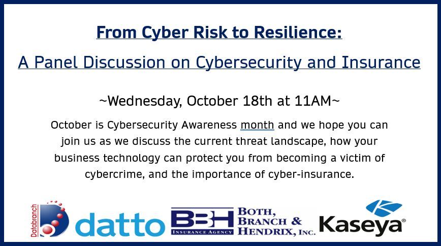Databranch's tweet image. Databranch is partnering with Both Branch &amp;amp; Hendrix Inc. along with Datto to present a webinar on Wednesday, October 18th at 11AM, titled &quot;From Cyber Risks to Resilience: A Panel Discussion on Cybersecurity and Insurance.&quot;