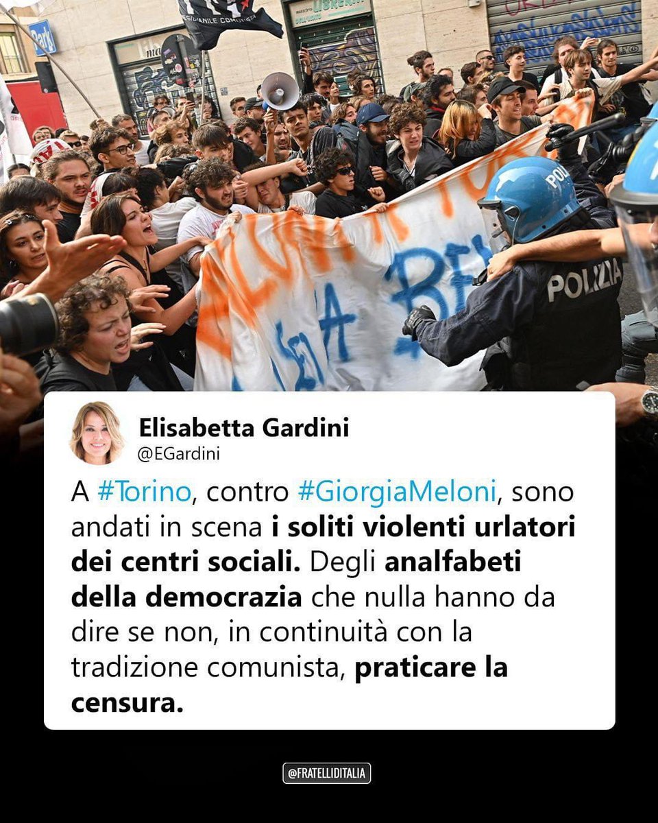 FratellidItalia's tweet photo. 🔵 Le contestazioni dei centri sociali di oggi, a Torino, significano solo una cosa: questo Governo sta lavorando bene per la Nazione. https://t.co/3xgxEpcXl9