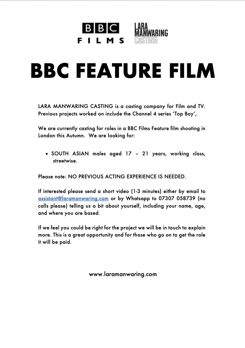 Lara Manwaring Casting (@manwaringlara) on Twitter photo <a href="/GLFoundation_/">Godwin Lawson F</a> Looking for South Asian males aged 17-21 to play supporting roles in a BBC feature film. No acting experience needed! Please see attached flyer for all info on how to apply. <a href="/GLFoundation_/">Godwin Lawson F</a> Looking for South Asian males aged 17-21 to play supporting roles in a BBC feature film. No acting experience needed! Please see attached flyer for all info on how to apply.