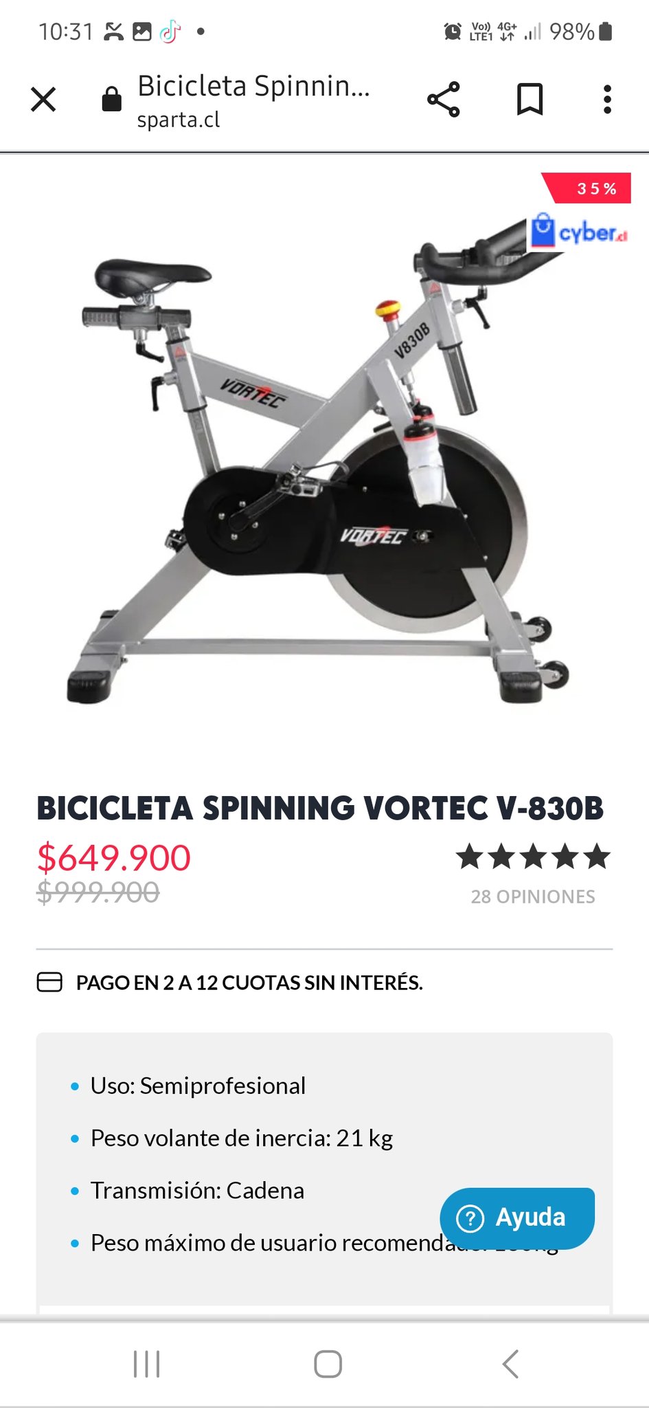 Bicicleta Spinning Vortec V-830B