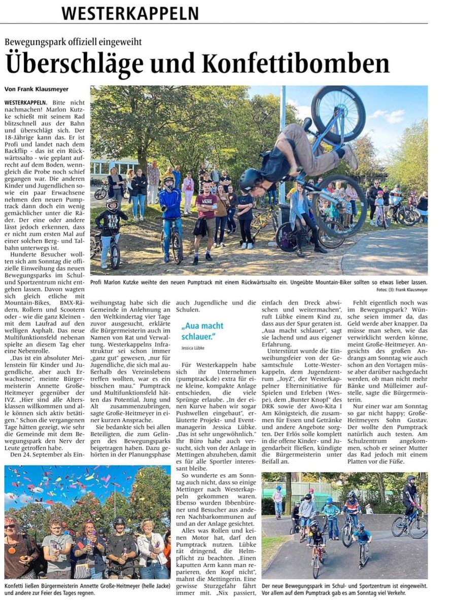 LuebkeJessi's tweet image. Eröffnung Pumptrack mit Bike Profi Marlon Katzke #pumptrack #pumptracks #eröffnungsfeier #bmx #backflip #Flip #mtb #westerkappeln #kids #Freestyle #sport #shapen #webuildyouride #planen #bauen #eröffnen #bestesteam #pumptrackbuilding #asphalt #asphaltpumptrack