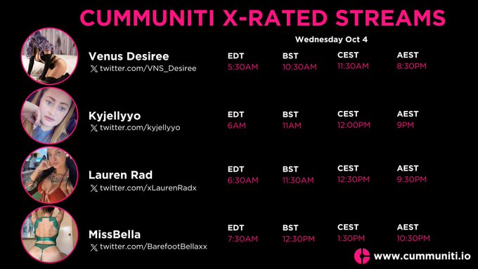 #Cummuniti Livestreams 🔥  4 X-RATED streams 🌶  💦 Venus Desiree (Cosplay) 🥵 Kyjellyyo 💦 Lauren Rad 🥵 Miss<a href="/tag/cummuniti"class="tags">#Cummuniti</a>