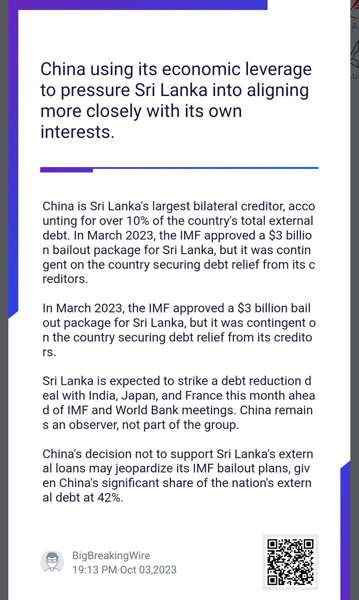 Big Breaking

China using its economic leverage to pressure Sri Lanka into aligning more closely with its own interests.

China is Sri Lanka's largest bilateral creditor, accounting for over 10% of the country's total external debt.

#China #SriLanka #India #IMF #SriLankaCrisis