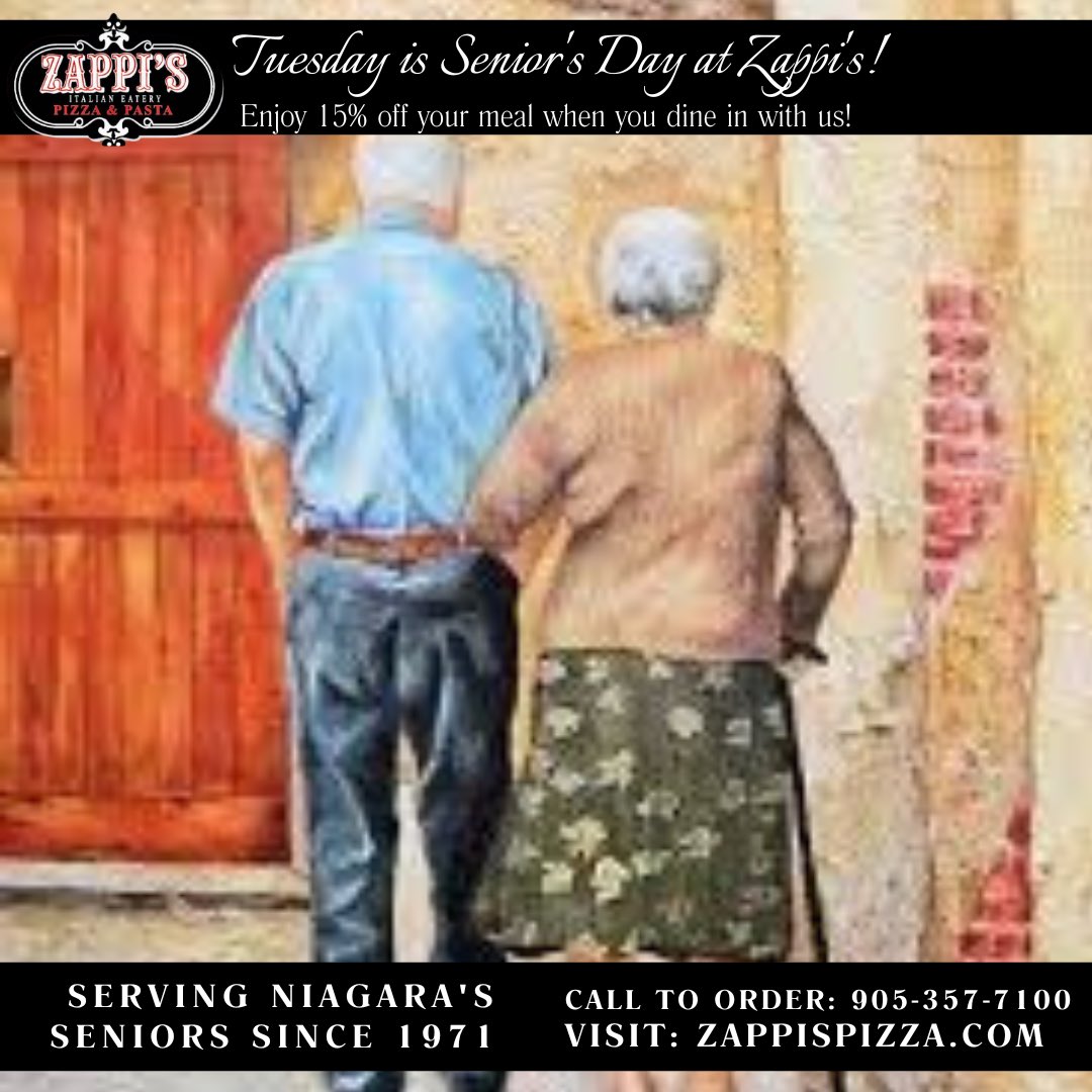 Bring Nonna & Nonno by for lunch today! Our #accessible dining room, #comfortableseating and #extensivemenu with #dietaryoptions makes us an ideal destination for Niagara’s #seniors! 

Dine in with us for 15% off! Call 905-357-7100, or visit us online at zappispizza.com!