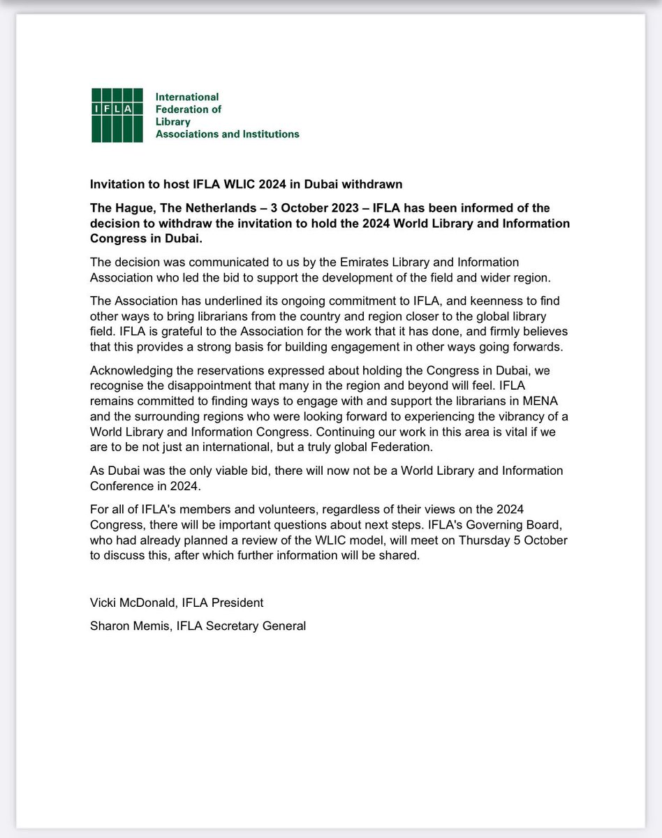 L’IFLA annonce que l’invitation de Dubaï a été retirée et que le Congrès mondial des bibliothèques #WLIC2024 n’aura pas lieu.

De nombreuses associations avaient protesté contre les limitations à la liberté d’expression pendant le congrès, imposées par les lois des Émirats.