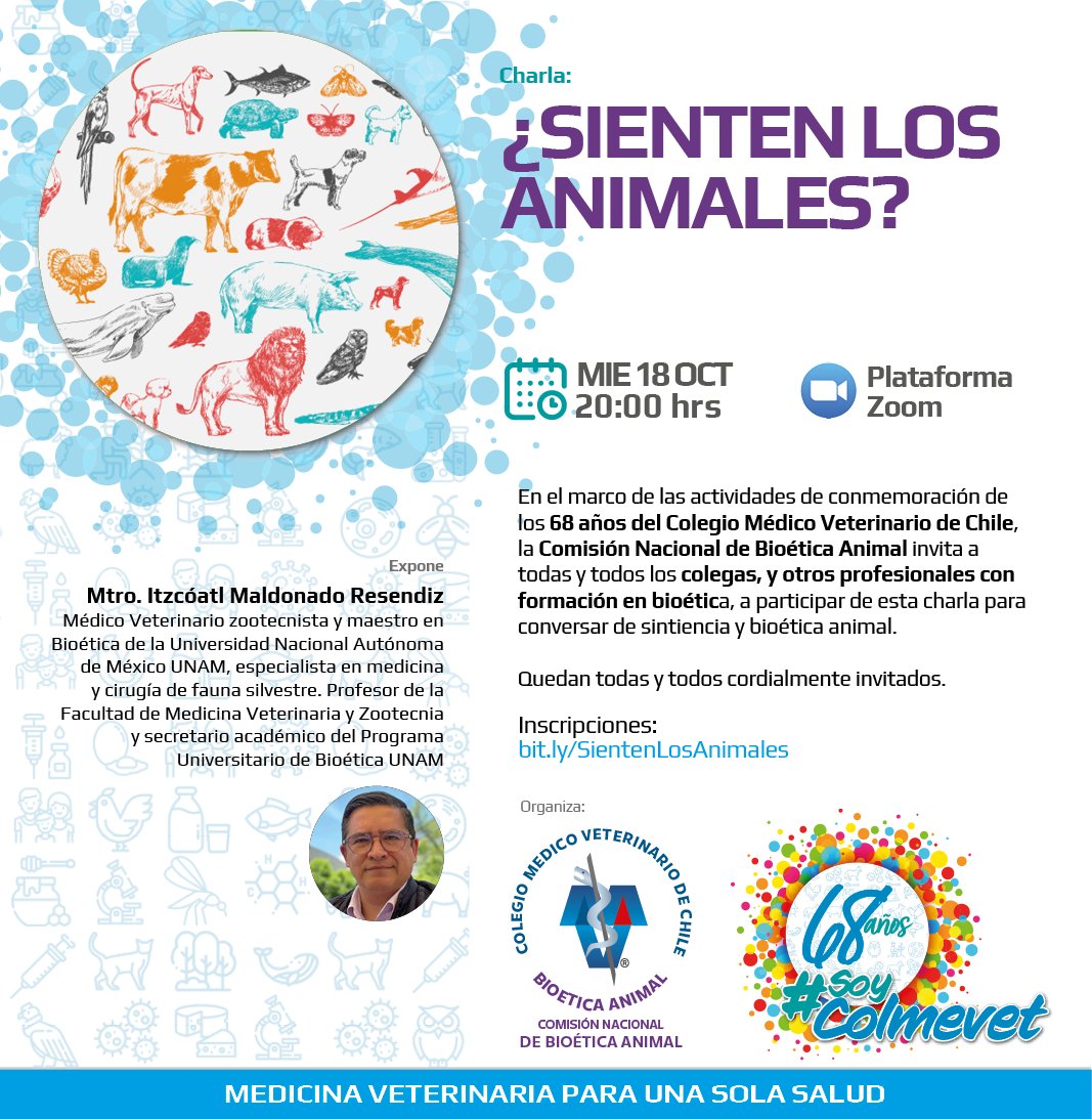 Octubre es el mes de nuestro 68 aniversario, nuestra Comisión Nacional de Bioética invita a todas y todos, incluidos profesionales con formación en Bioética, a esta charla internacional este 18/10 a las 20h vía Zoom.
Inscripciones: bit.ly/SientenLosAnim… 
#SoyColmevet