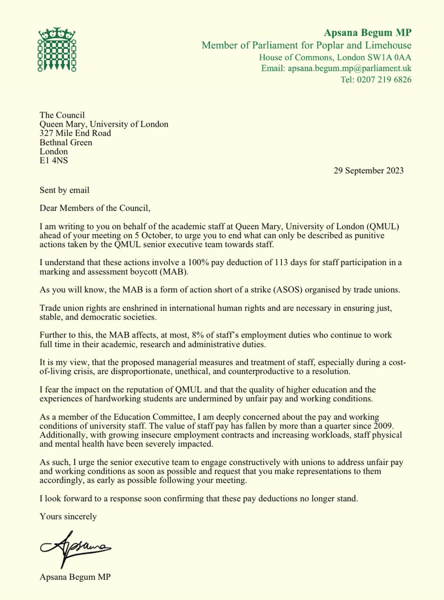 As the industrial dispute at QMUL continues, I’m concerned about how management’s approach will impact the institution’s reputation.

I’ve written to QMUL’s Council, requesting their intervention to help resolve matters &amp; not oversee striking workers punished even further on pay: