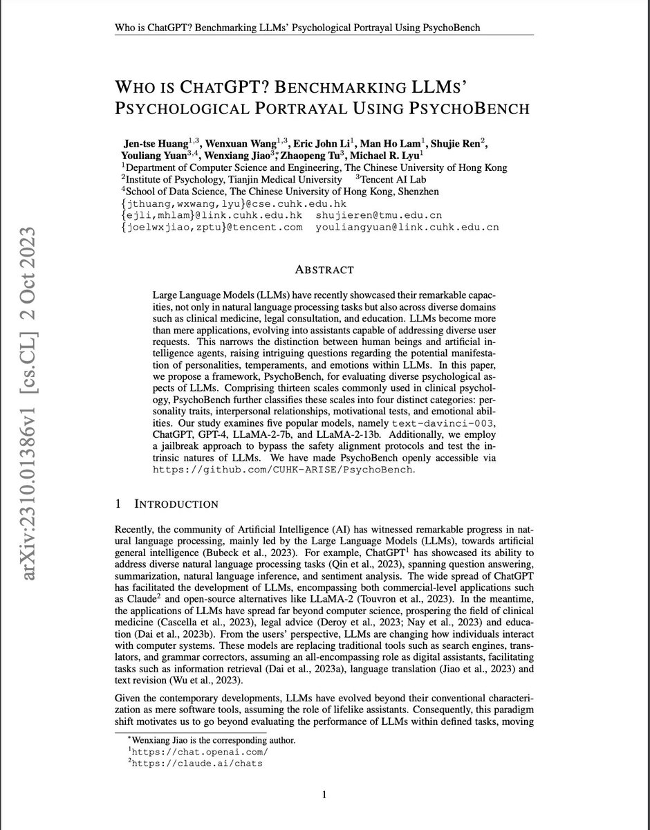 WenxiangJiao's tweet photo. Following our previous studies on Personalities and Emotion dynamics of LLMs, we're now introducing #PsychoBench, a comprehensive evaluation benchmark for diverse psychological aspects of LLMs.
@JentseHuang
arxiv: https://t.co/K9JICvxdwQ
github: https://t.co/Qt1vf6LSjZ https://t.co/jSv2Z0OSQM