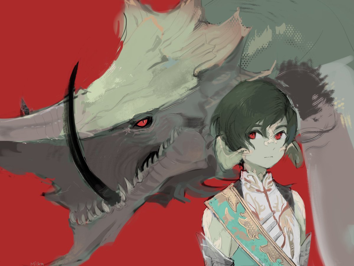 red eyes horns scales dragon au ra red background short hair  illustration images